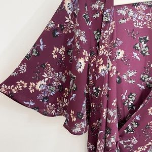 LOFT Burgundy Floral Wrap Top with Flutter Sleeves